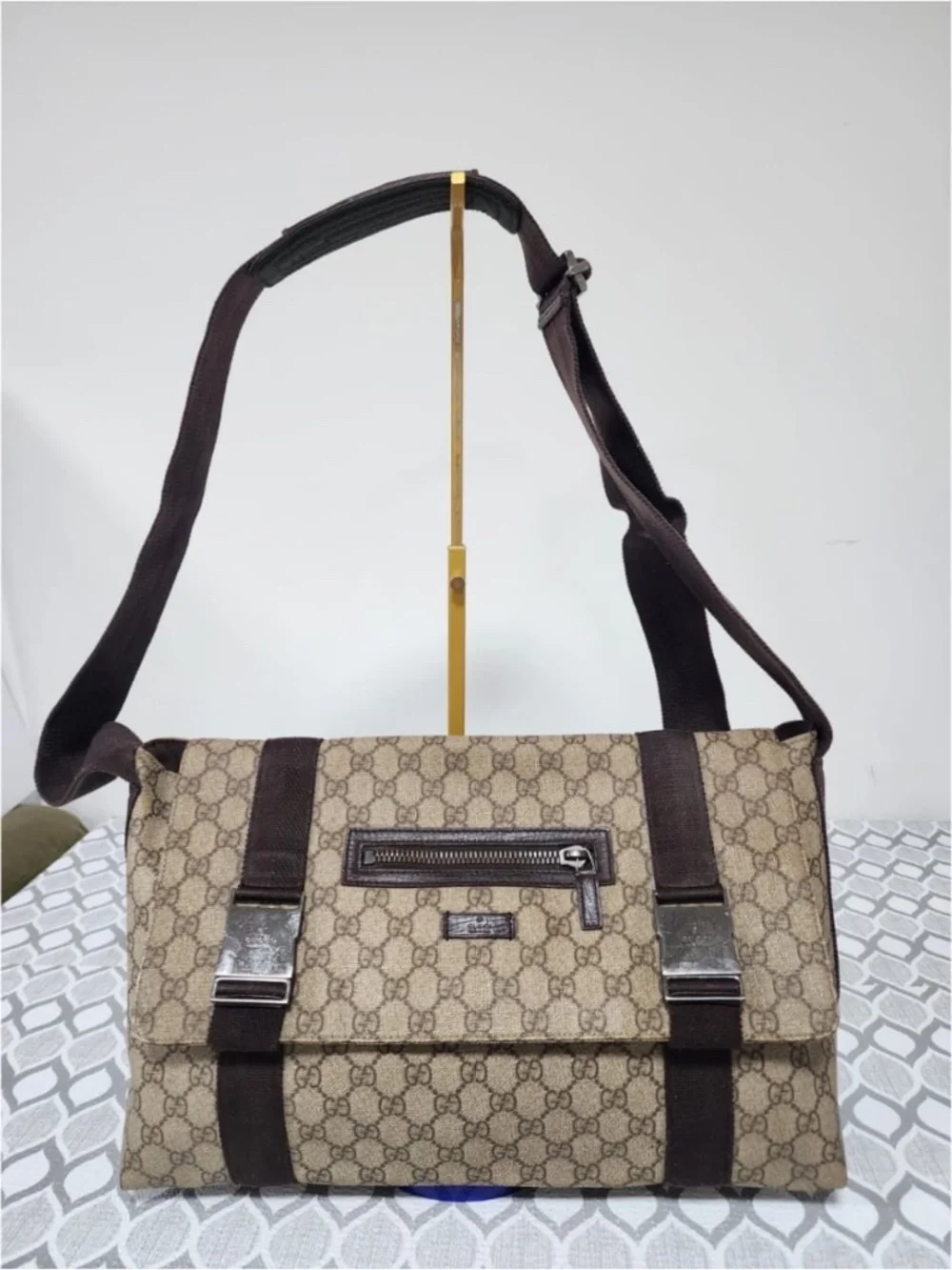 Authentic GUCCI GG Plus Monogram Double Buckle Flap Messenger Bag Beige/Brown